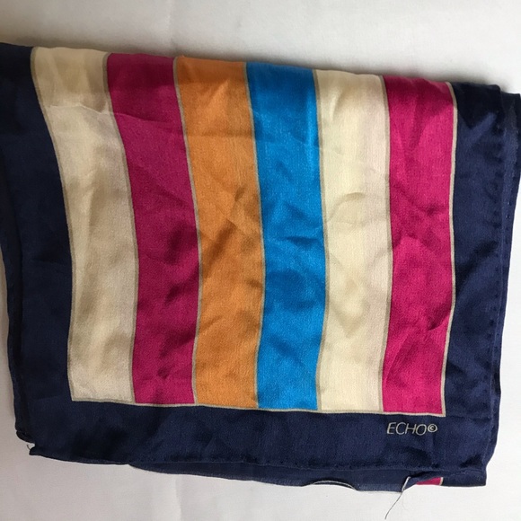 ECHO bold striped vintage silk scarf l Long shoulder wrap - Picture 2 of 7